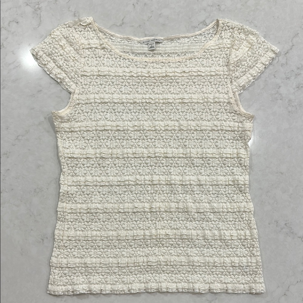Banana Republic Cream Floral Lace Sheer Textured Stretch Blouse Sz Large